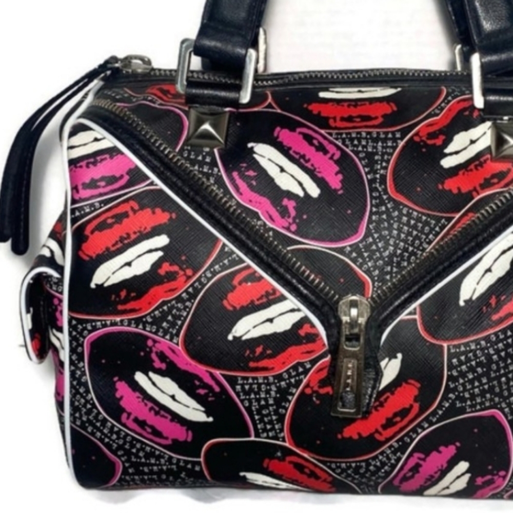 L.A.M.B. Worthington Satchel - Kiss 4 Me Print Black and Pink Women's Bag - Picture 4 of 11